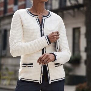 J. Jill Wearever Contrast Trim Ivory White Black Textured Classic Cardigan sz SP